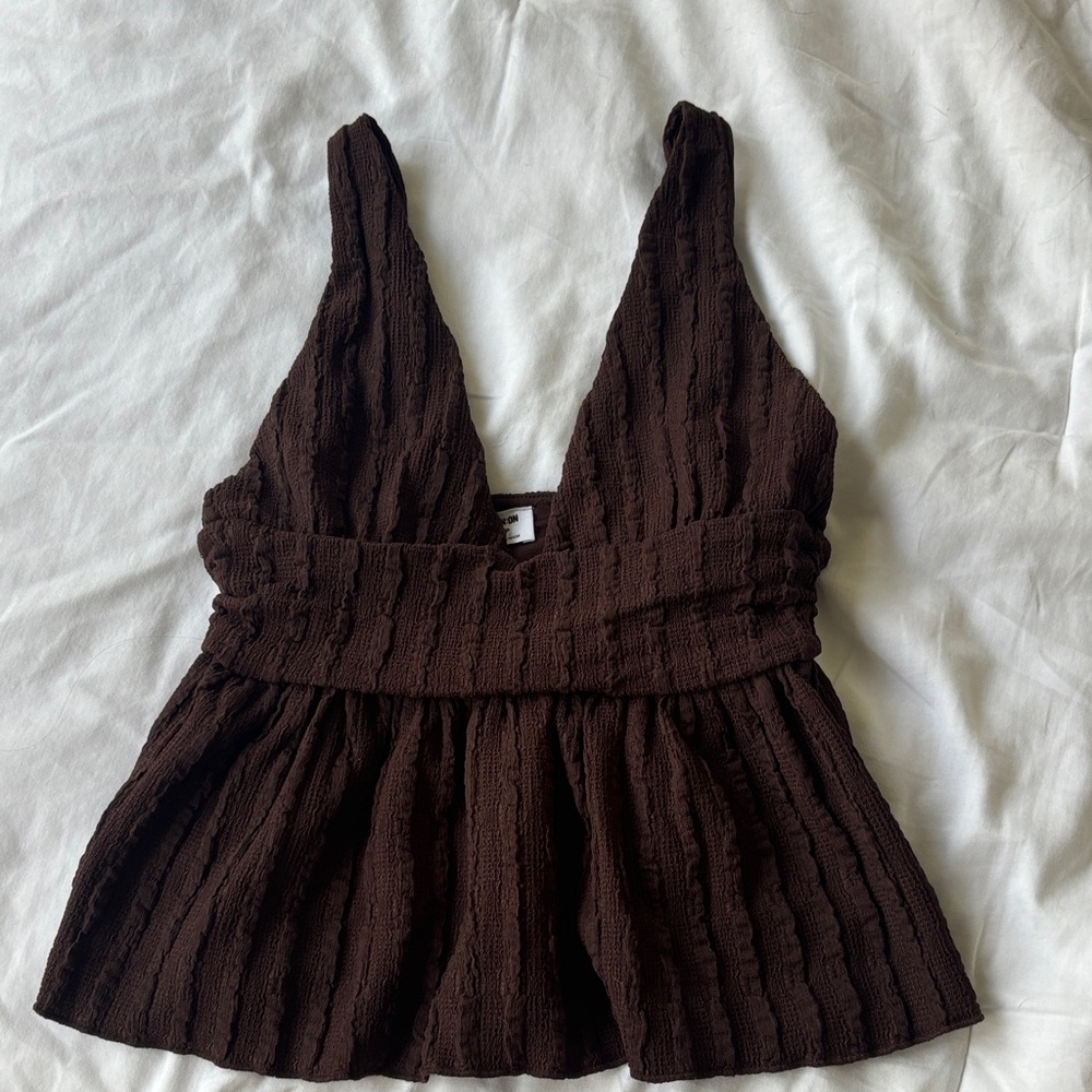Cotton On Dark Brown Textured Peplum V-Neck Tank